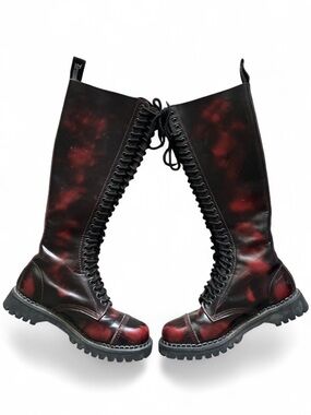 Ultra Rare Vintage Demonia Leather Black & Red Knee High Steel Toe 30-Eye Boots